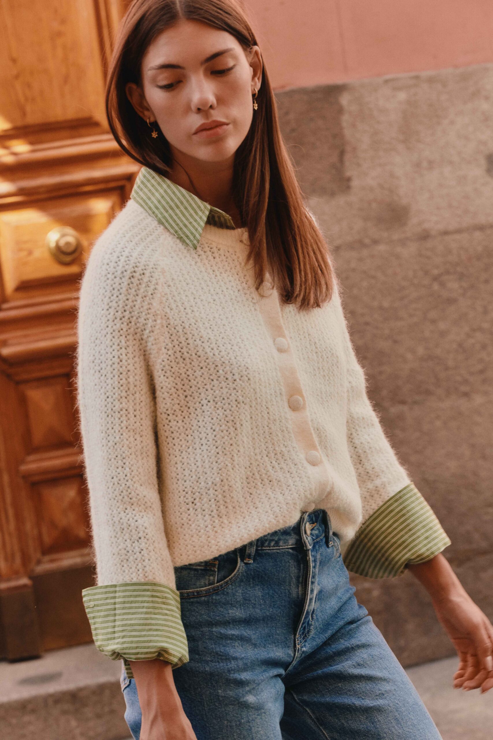Gilet crème en maille ajourée à manches raglan | Sahoma