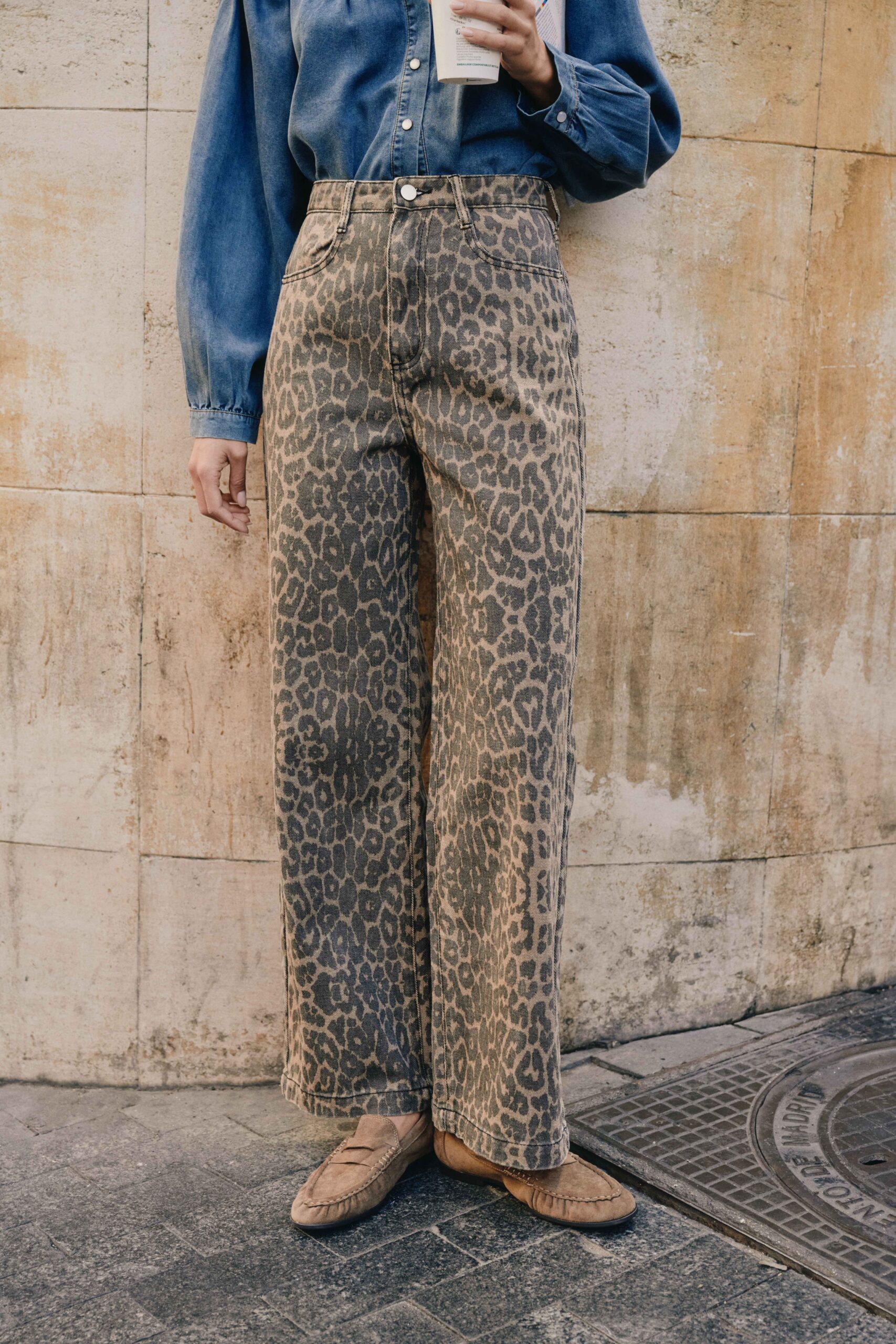 Jean léopard taille haute à jambes larges | Sahoma