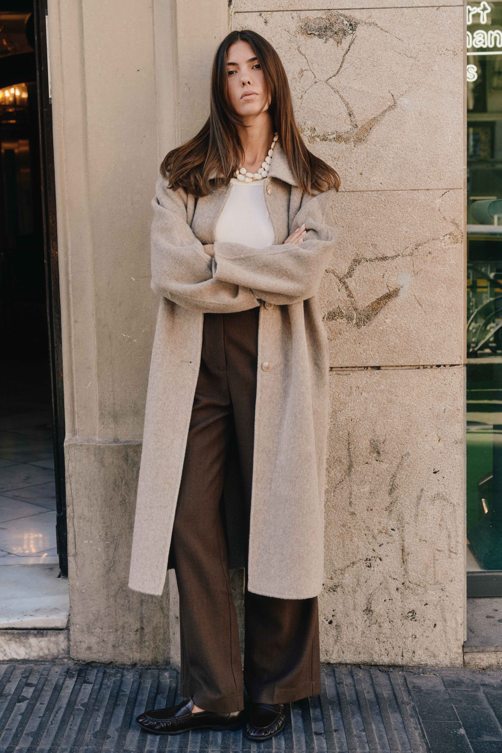 Manteau long taupe en laine et cahemire | Sahoma