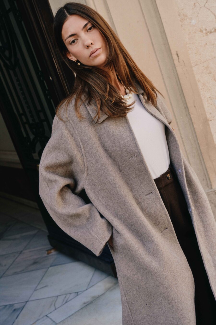 Manteau long taupe en laine et cahemire | Sahoma